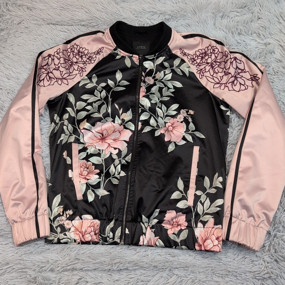 Guess Jacket Womens S Pink Black Floral Bomber Coat Pockets Zip Up Preppy Comfy